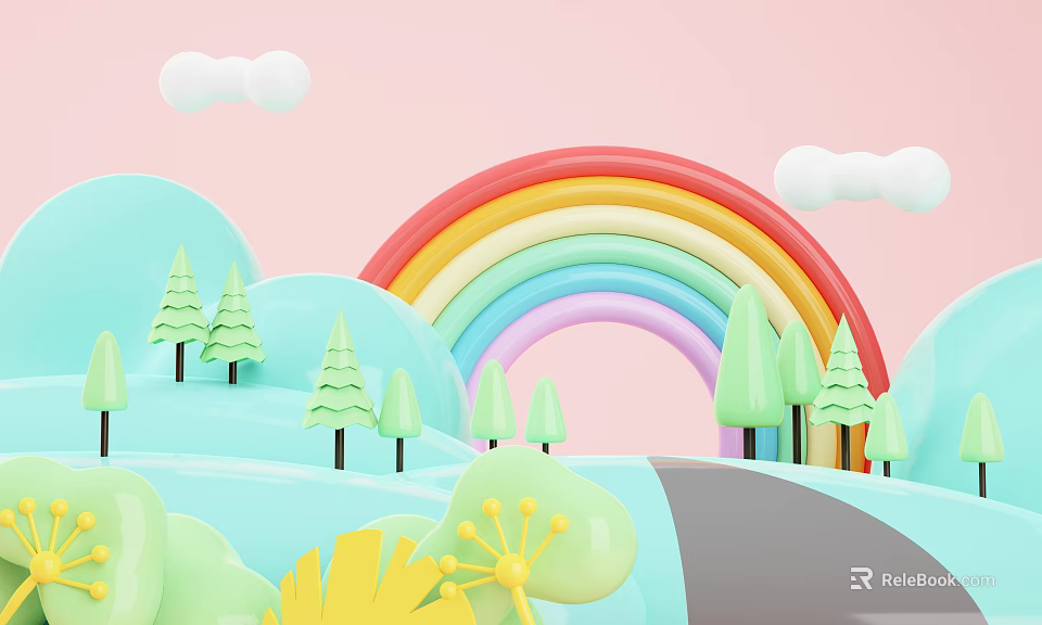 Colorful Cartoon Scene With Pink Background White Clouds Rainbow Light Green Trees And Blue Hills 3d model 