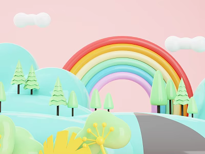 Colorful Cartoon Scene With Pink Background White Clouds Rainbow Light Green Trees And Blue Hills 3d model