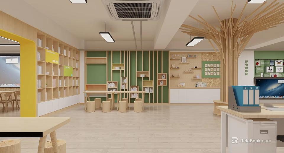 Bright Children's Activity Room With Wooden Shelves Green Wall And Tree Structure 3d model 