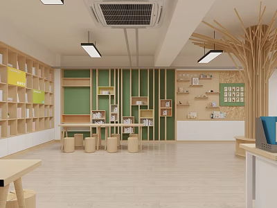 Bright Children's Activity Room With Wooden Shelves Green Wall And Tree Structure 3d model