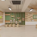 Bright Children's Activity Room With Wooden Shelves Green Wall And Tree Structure