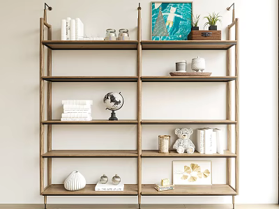 Wooden Storage Shelf Displaying Books Globe Decorative Items and Home Accents 3d model