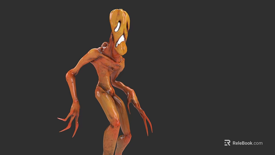 3D Grotesque Fantasy Creature Character With Orange Body Large Eyes Open Mouth And Tentacle Arms 3d model