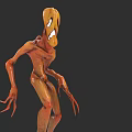 3D Grotesque Fantasy Creature Character With Orange Body Large Eyes Open Mouth And Tentacle Arms 3d model