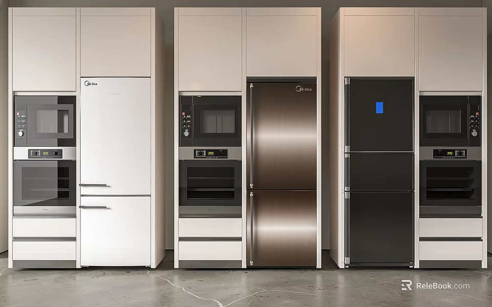 Modern Kitchen Design With Built in Refrigerators in White Brown Black Colors 3d model 