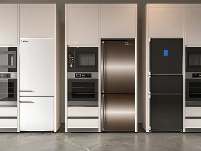 Modern Kitchen Design With Built in Refrigerators in White Brown Black Colors 3d model