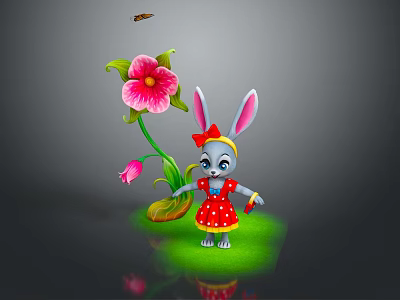Cartoon Rabbit Game Character With Long Ears Red Bow And Pink Flower On Green Grass 3d model