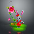 Cartoon Rabbit Game Character With Long Ears Red Bow And Pink Flower On Green Grass