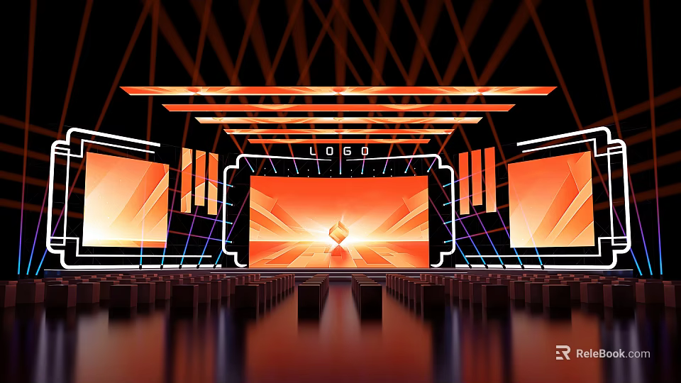 Modern Stage Design With Large LED Screen Orange Lighting Geometric Decorations And Audience Seats 3d model 