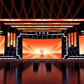 Modern Stage Design With Large LED Screen Orange Lighting Geometric Decorations And Audience Seats
