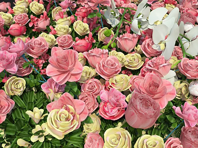 Vibrant Pink Yellow White Roses in Lush Flower Garden Scenic View 3d model