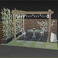 Cartoon Scene Of Cozy Backyard With Wooden Pergola Bamboo Plants String Lights And Table Chairs