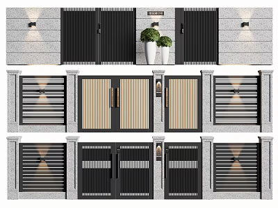 Modern Entrance Gates Design With Metal Slats Side Pillars And Decorative Lights 3d model