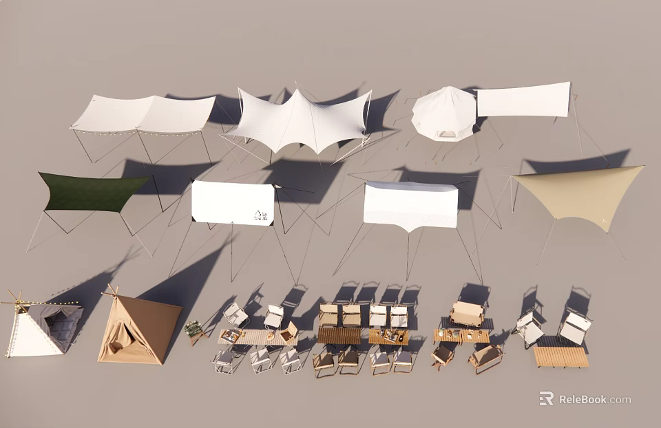 Various Types of Tents With Different Shapes and Outdoor Camping Gear 3d model 