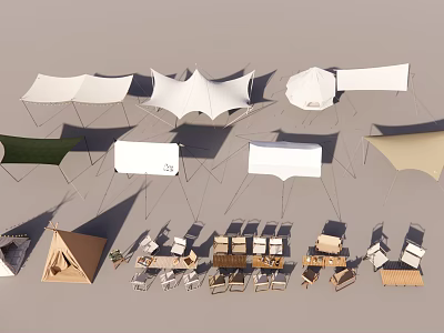 Various Types of Tents With Different Shapes and Outdoor Camping Gear 3d model