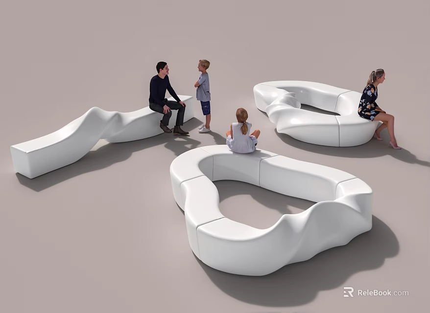 White Curved Public Chairs With Unique Design For Adults And Children Sitting In Public Space 3d model 