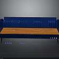 Modern Industrial Blue Bench With Curved Metal Frame And Wooden Seat