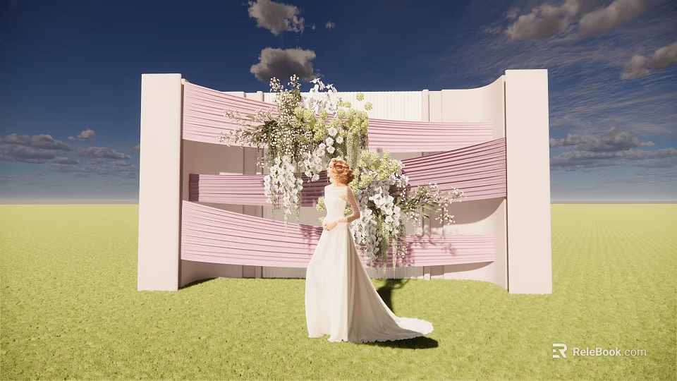Bridal White Gown Standing By Pink White Decorative Structure With Floral Arrangement On Green Grass 3d model 
