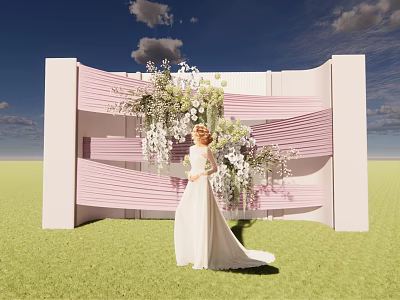 Bridal White Gown Standing By Pink White Decorative Structure With Floral Arrangement On Green Grass 3d model