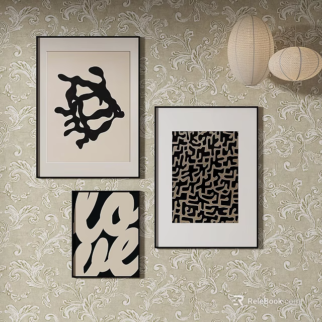 Three Abstract Art Paintings On Patterned Wallpaper With Lantern Lamps 3d model
