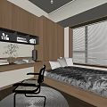 Tatami Bedroom Interior With Wooden Cabinetry Desk Chair And Sunlit Window Blinds
