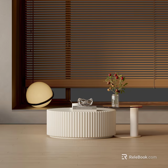 Modern Sofa Coffee Table Set With Ribbed Table Round Lamp And Flower Vase 3d model
