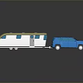 Small Blue Car Towing Yellow Camper Trailer With Windows And Roof