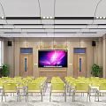 Modern Conference Room With Neatly Arranged Yellow Chairs Podium Large Screen And Wooden Walls
