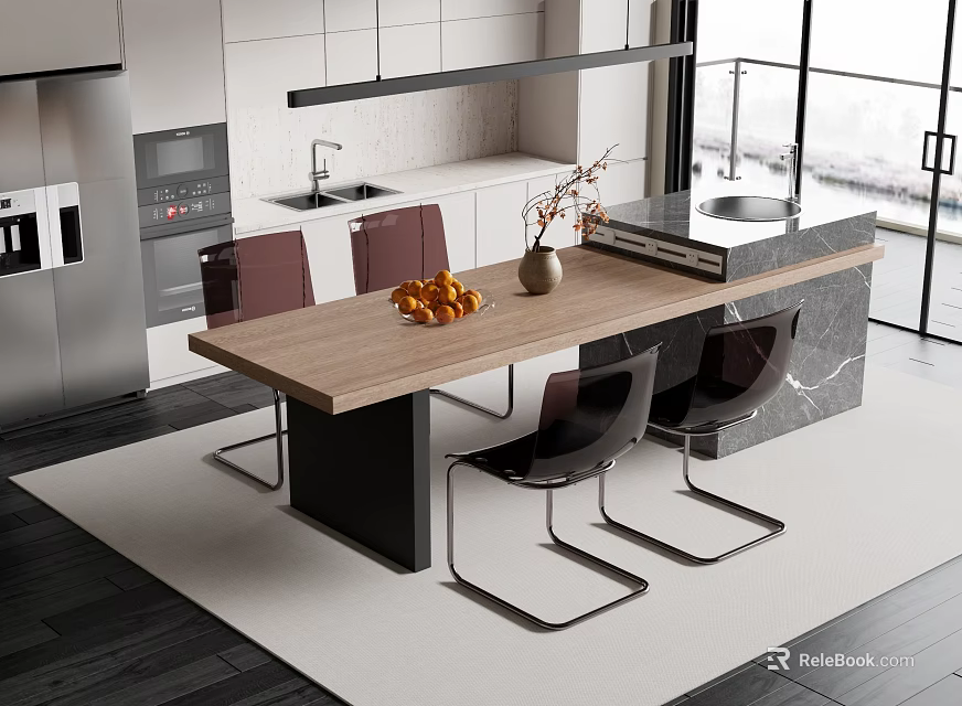 Modern Kitchen Bar Counter With Wooden Top Black Base And Black Chairs In Open Design Space 3d model 