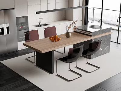 Modern Kitchen Bar Counter With Wooden Top Black Base And Black Chairs In Open Design Space 3d model