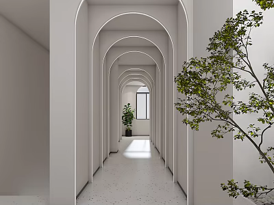 Minimalist Elevator Hallway With Arched Doorways White Walls Natural Light And Green Plants 3d model