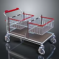 Stainless Steel Shopping Cart With Red Handle Two Baskets Bottom Tray And Wheels