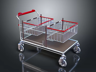 Stainless Steel Shopping Cart With Red Handle Two Baskets Bottom Tray And Wheels 3d model