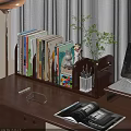 Wooden Bookshelf on Desk with Books Decorative Figurines Plant and Stationery