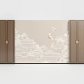 Chinese Style TV Background Wall With Beige Landscape Art Dark Brown Cabinets And Flying Birds