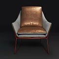 Modern Leisure Chair With Brown Leather Seat Light Gray Armrest And Red Metal Frame