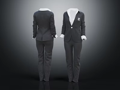 Gray Formal Suit With Front And Back View White Collar Cuffs And Emblem Design 3d model