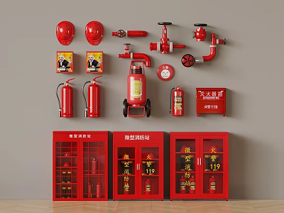 Display of Various Fire Equipment Including Extinguishers Hydrants Helmet and Storage Cabinets 3d model