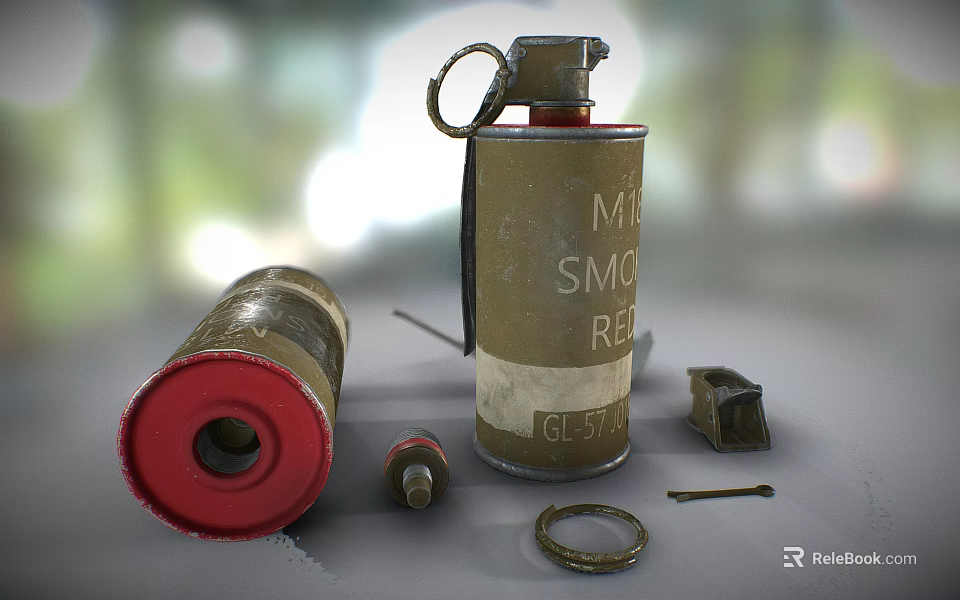 Military Smoke Grenade With Red Base And Scattered Metal Parts On Surface 3d model 