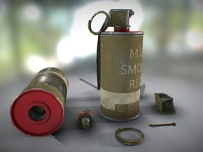 Military Smoke Grenade With Red Base And Scattered Metal Parts On Surface 3d model