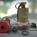 Military Smoke Grenade With Red Base And Scattered Metal Parts On Surface