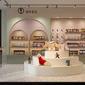 Mall Shop Interior Featuring Bar Counter Green Bar Stools Wooden Shelves Round Mirror Pendant Lights
