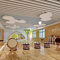 Bright Kindergarten Classroom With Wooden Floors Cloud Shaped Ceiling Drums And Teaching Aids On Shelves