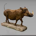 Warthog Taxidermy Specimen Standing On Stone Base With Brown Fur And Tusks