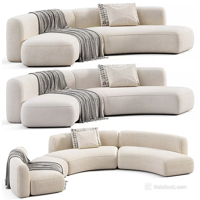 Modern Curved Light Colored Sectional Sofa Upholstered With Throw Pillows And Blanket 3d model