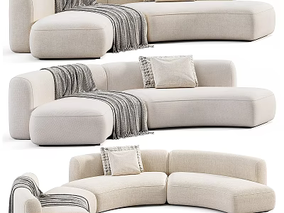 Modern Curved Light Colored Sectional Sofa Upholstered With Throw Pillows And Blanket 3d model