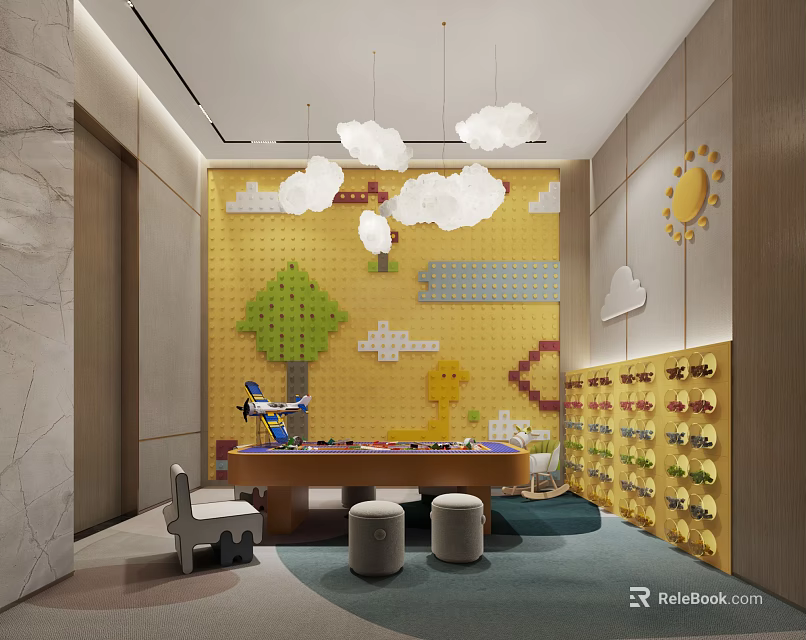 Colorful Kids Activity Room With Yellow Wall Cloud Decorations And Building Block Wall 3d model