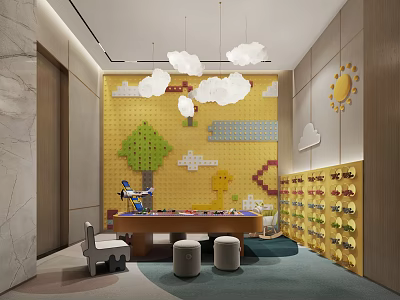 Colorful Kids Activity Room With Yellow Wall Cloud Decorations And Building Block Wall 3d model