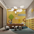Colorful Kids Activity Room With Yellow Wall Cloud Decorations And Building Block Wall 3d model