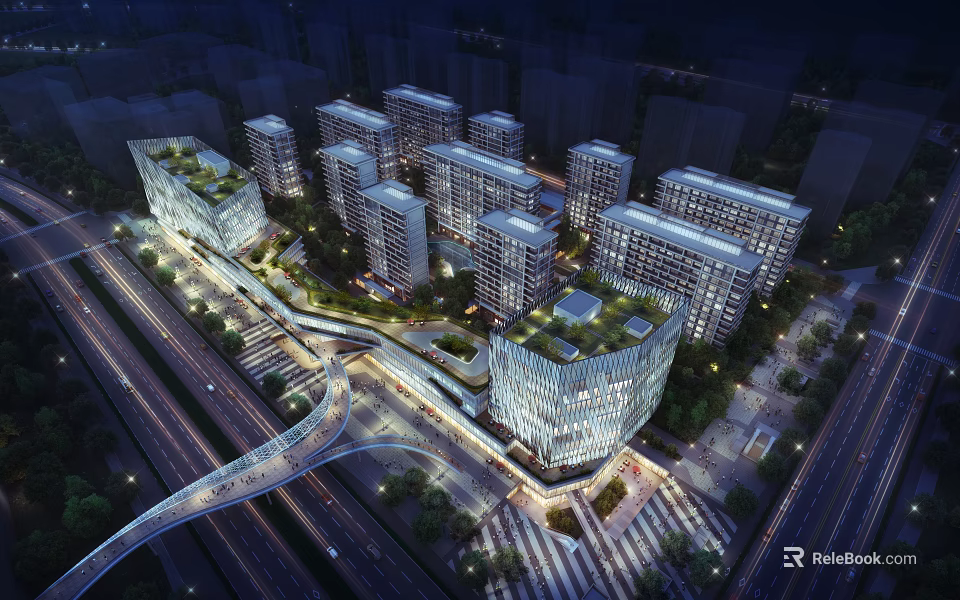 Modern Urban High Rise Buildings Night View With Pedestrian Bridge And Green Rooftops 3d model 